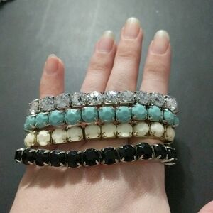 Turquoise, Black, White, and Clear Rhinestone Stretchy Metallic Bracelet Set of